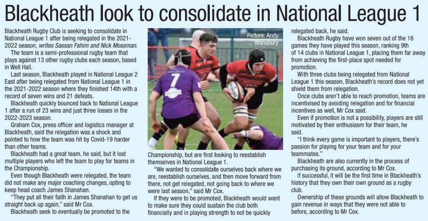 South London Press newspaper clipping about Blackheath Rugby Club.